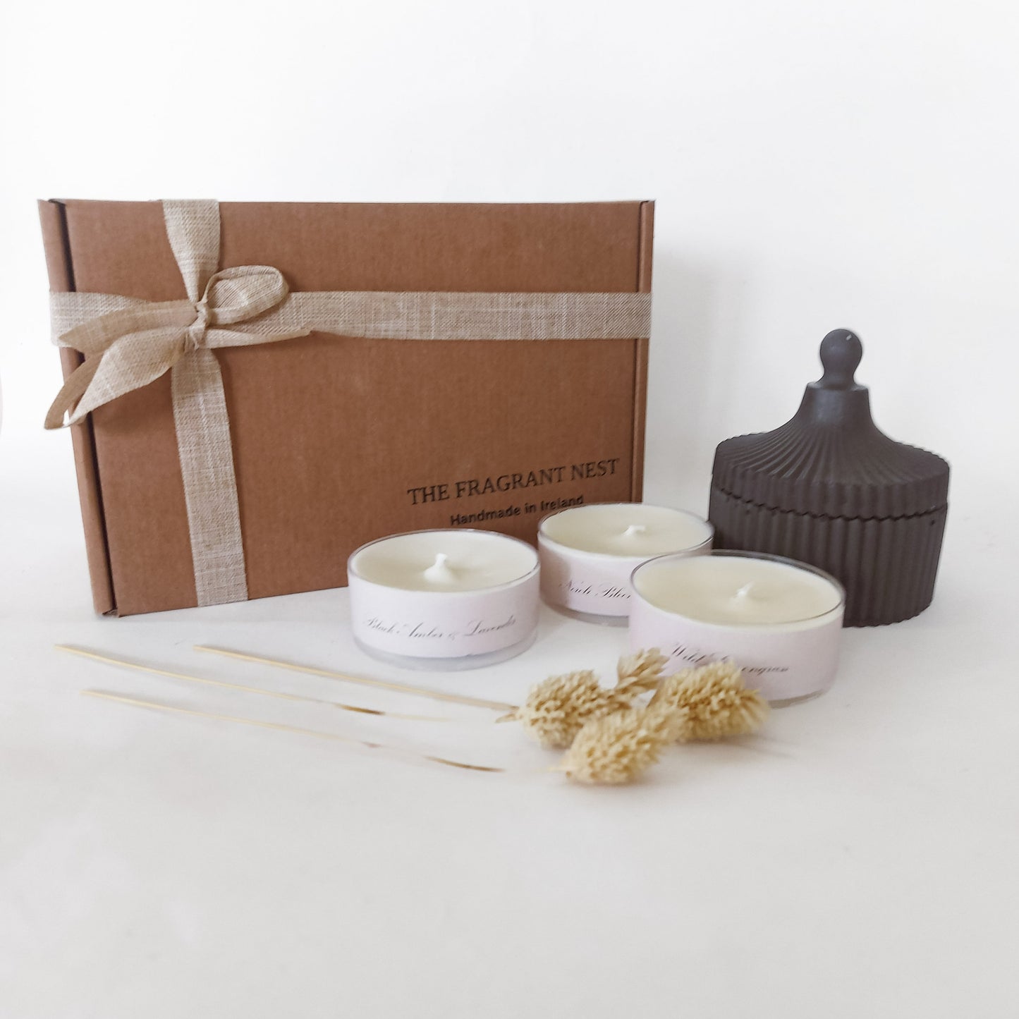 Black Candle Set - Includes Tealight Holder with lid & 3 maxi tealight candles