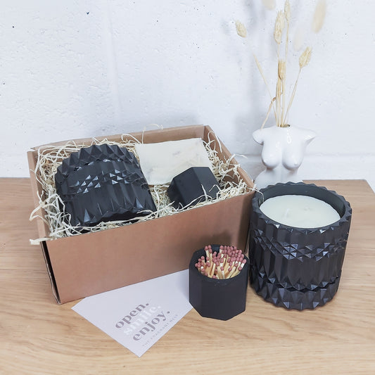 Black Scented candle Gift set with match striker pot