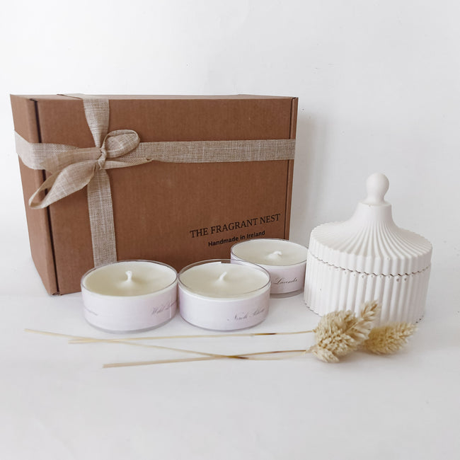 White Candle Set presented in beautiful kraft box & neutral Ribbon 