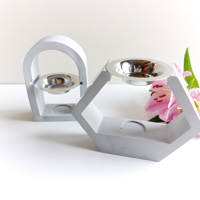 Grey wax melt burners in Hexagon & Arch shape