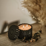 Luxury Scented candle Ireland  in Black ceramic candle holder with lid & 2 wicks made in Ireland